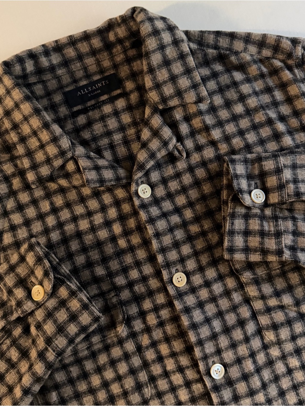 All Saints Wool Blend Flannel Shirt Men XL Relaxed Crop Camp Loop Collar Button